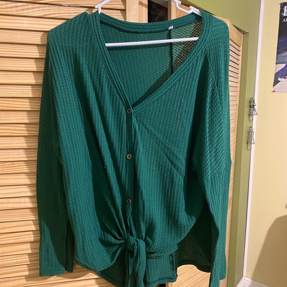 Green tie front sweater